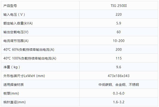 xk星空官网TIG 250III焊机技术参数